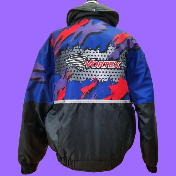 Vintag 90s Racing Bomber Jacket Vortex Insulated Womens M Black Blue Purple Red - Picture 1 of 15